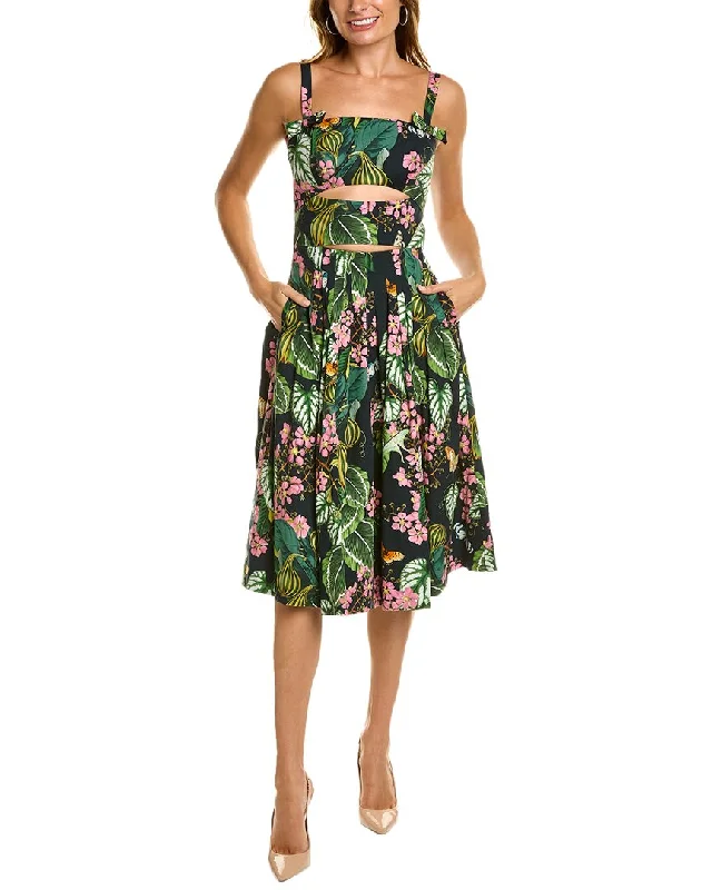 Oscar de la Renta Cutout Mixed Botanical Midi Dress Trend Forward Women's Wear