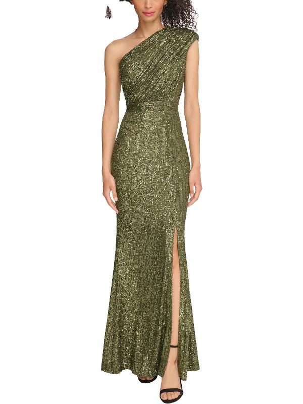 Petites Womens Sequined One Shoulder Evening Dress Romantic Date - Night Ensemble