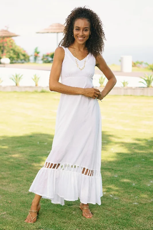 Soiree in White Hand Crafted White Cotton Sundress Limited Time Offer