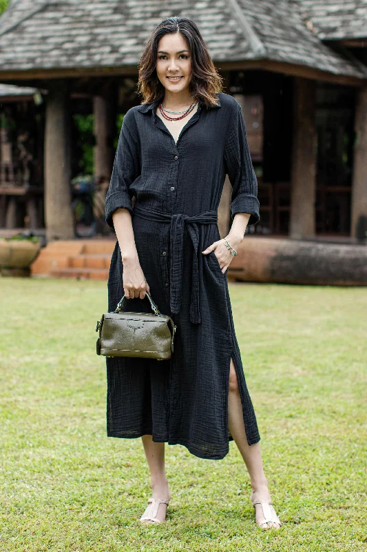 Street Smarts in Black Black Belted Cotton Shirtwaist Dress from Thailand Flash Sale Fever