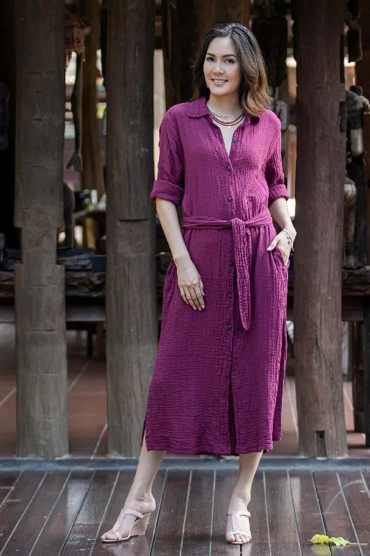 Street Smarts in Maroon Handmade Belted Cotton Shirtwaist Dress from Thailand Daily Deals