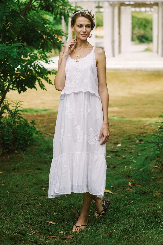 Summer Paisley in White White Embroidered Cotton Sundress with Spaghetti Straps Chic Styles