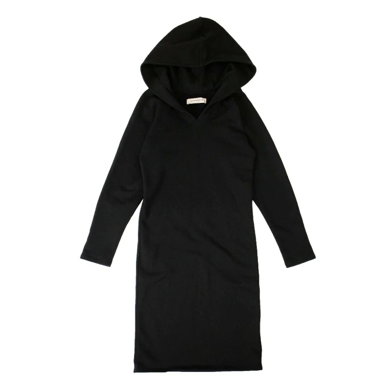 Women's Black Cotton Long Sleeve Hooded Midi Dress Timeless Elegance Redefined