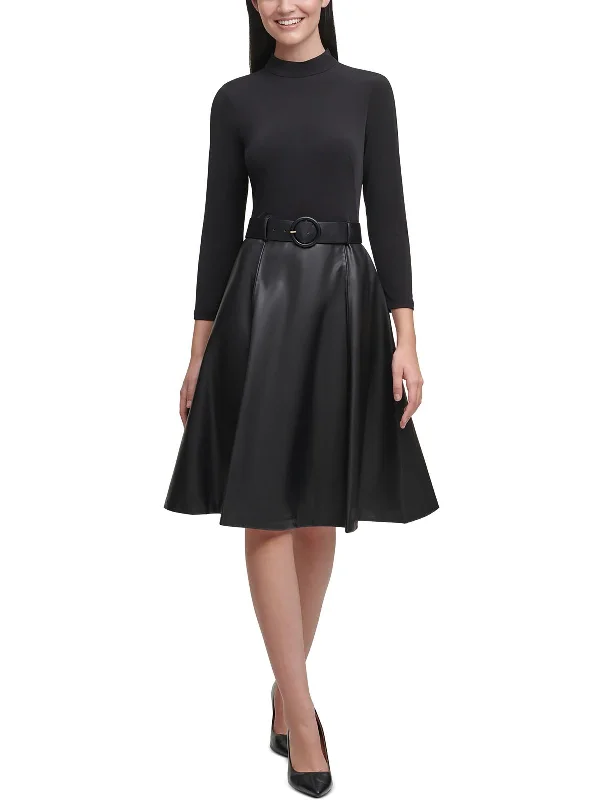 Womens Faux Leather Mock-Neck Fit & Flare Dress Exclusive Discount