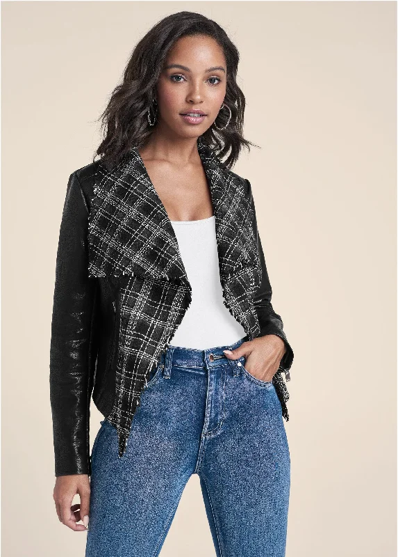 Faux Leather Tweed Jacket - Black Multi Quality Wear