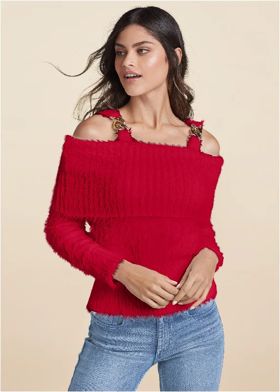 Chain Detail Cold-Shoulder Sweater - Red Chic & Cozy Collection