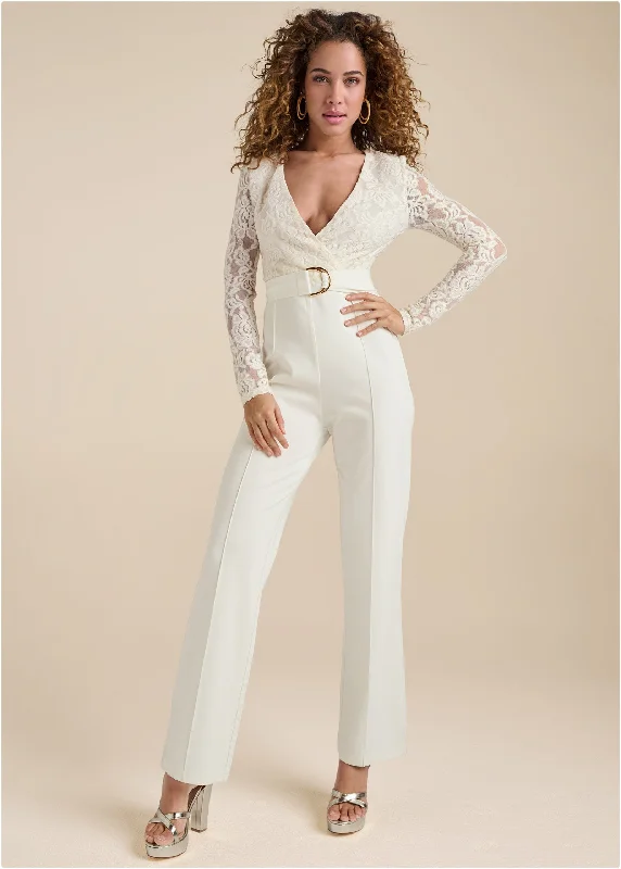 Lace V-Neck Belted Jumpsuit - White Style Without Limits