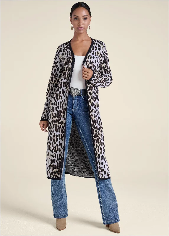 Snow Leopard Print Duster - White Multi Runway Inspired Wear