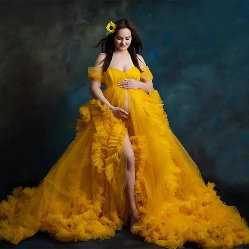 Ruffled Tulle Maternity Dress for Photoshoot - Puffy Mesh Sweetheart, Short Sleeves, Custom Made Prom Gown Boutique Styles