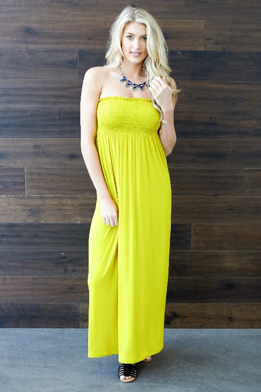 Yellow Solid Strapless Maxi Dress Style Revolution