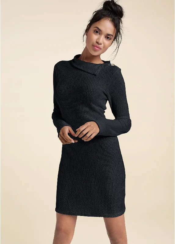 Brushed Waffle Foldover Dress - Black Fashion Forward, Function First