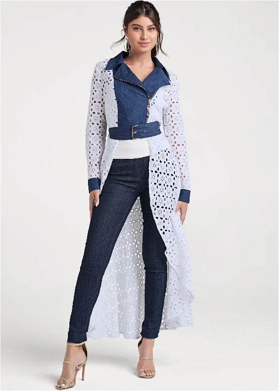 High-Low Eyelet Jacket - Indigo & White Parisian Effortless Chic Style