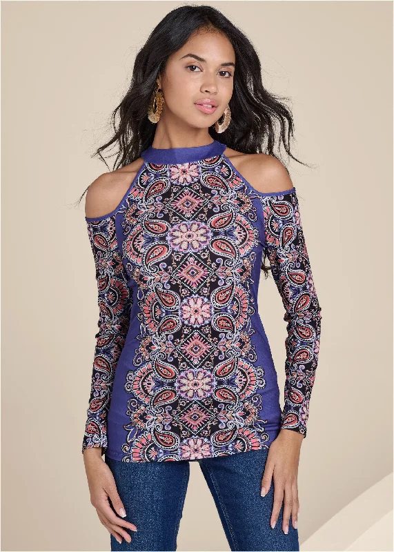 Paisley Cold-Shoulder Top - Blue Multi Fashion Forward Outfits