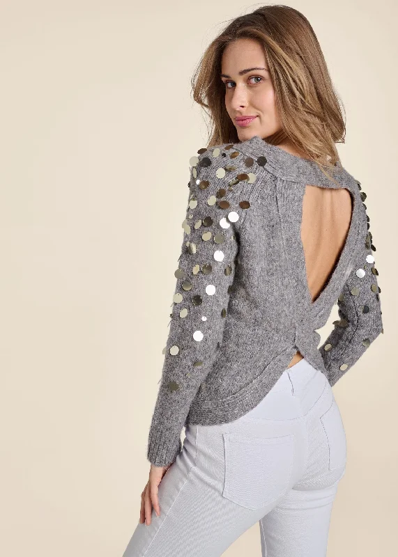 Open Back Sequin Sleeve Sweater - Grey Don't Miss Out