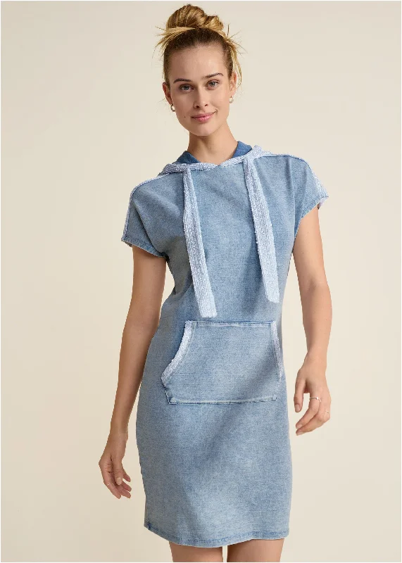 Stone Wash Hooded Dress - Blue & White Budget Saver