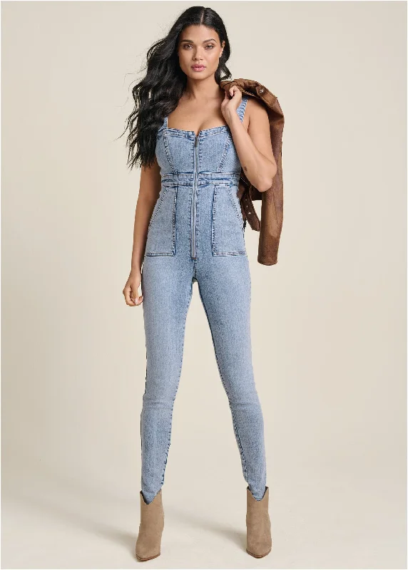 Zip-Front Denim Jumpsuit - Acid Wash Style Beyond Borders