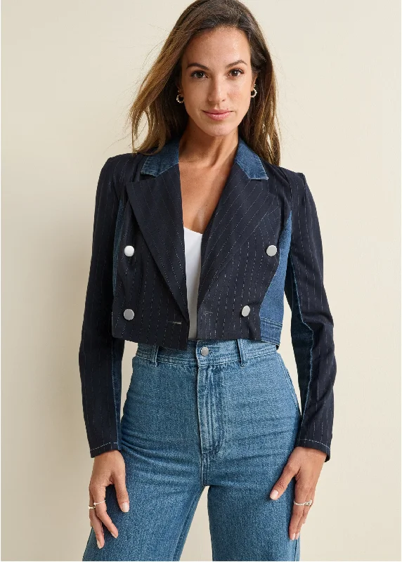 Tweed Denim Mixed Blazer - Medium Wash Art Deco Geometric Pattern Look